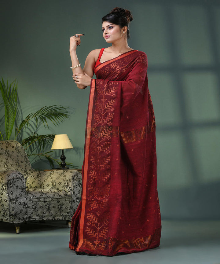 Maroon handloom jamdani cotton saree