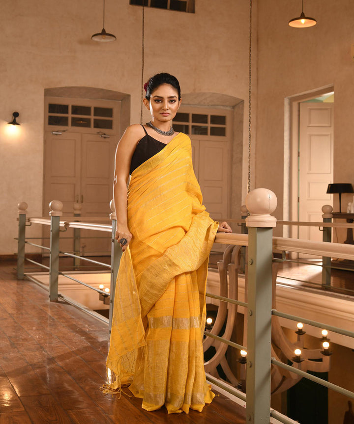 Yellow handloom linen bengal saree