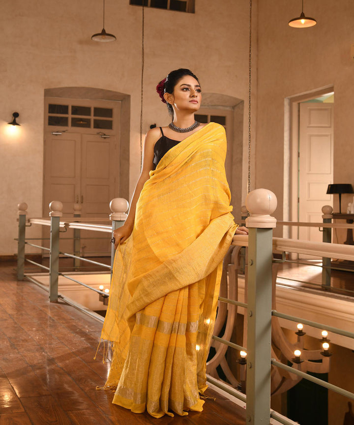 Yellow handloom linen bengal saree