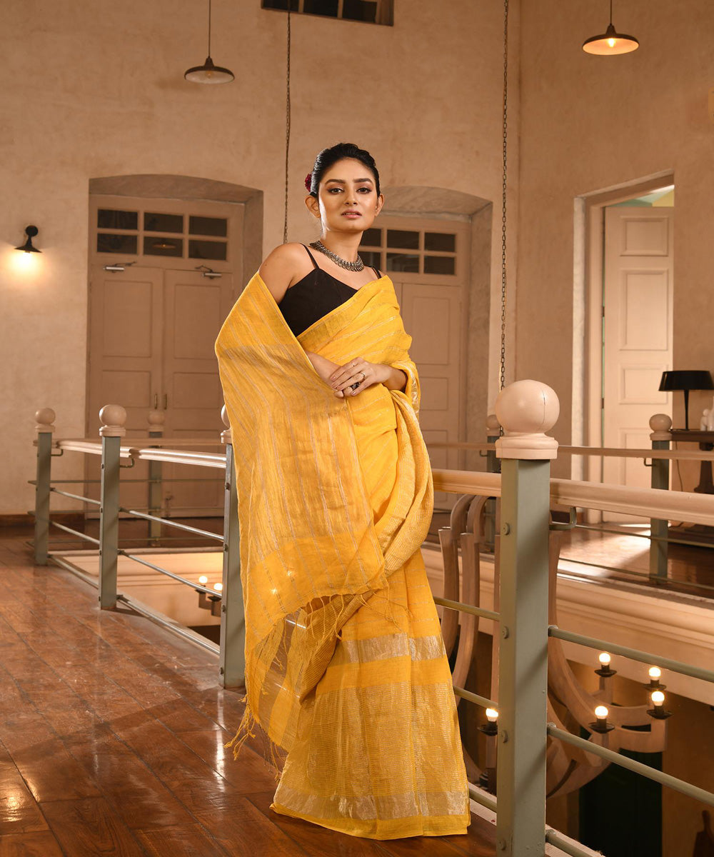 Yellow handloom linen bengal saree