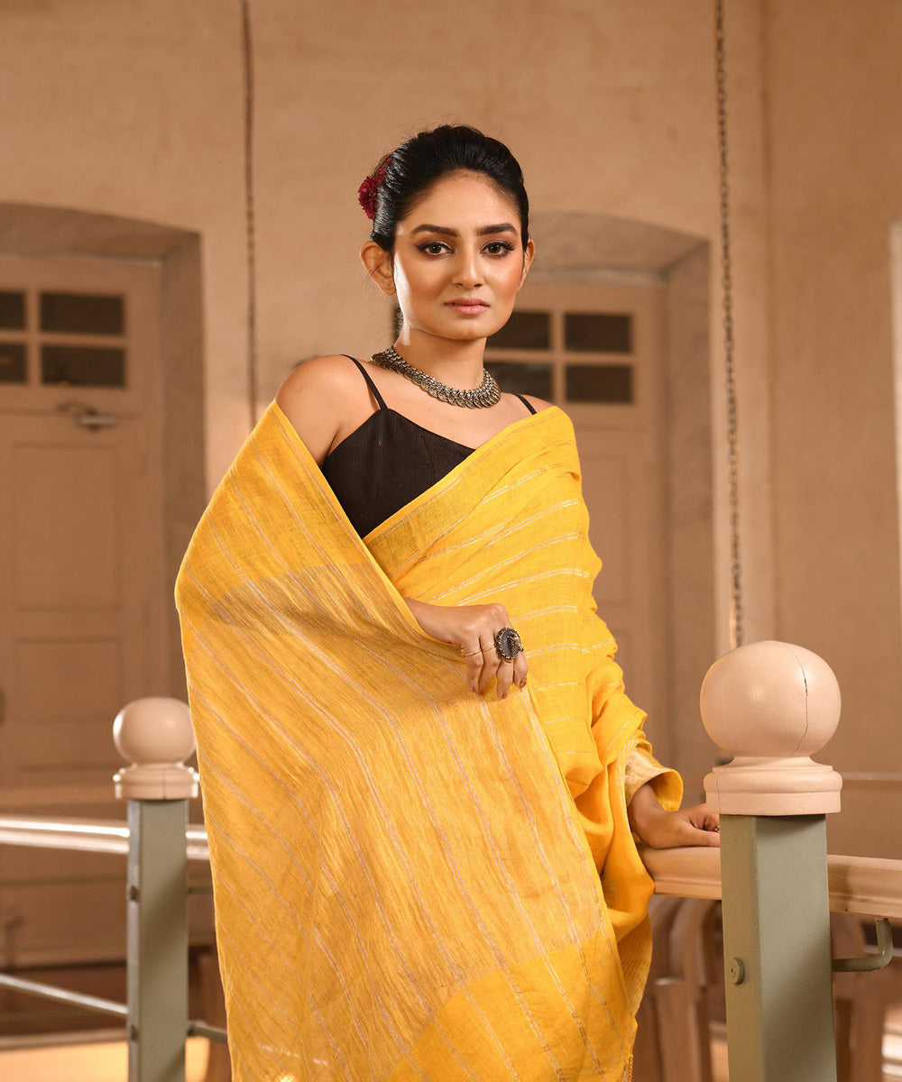 Yellow handloom linen bengal saree