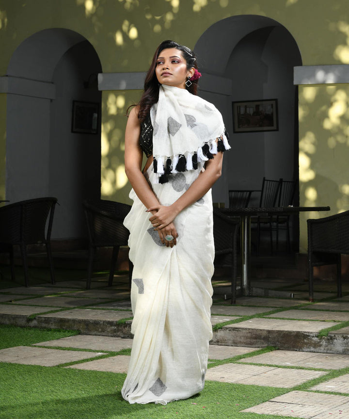 White black handloom bengal linen saree