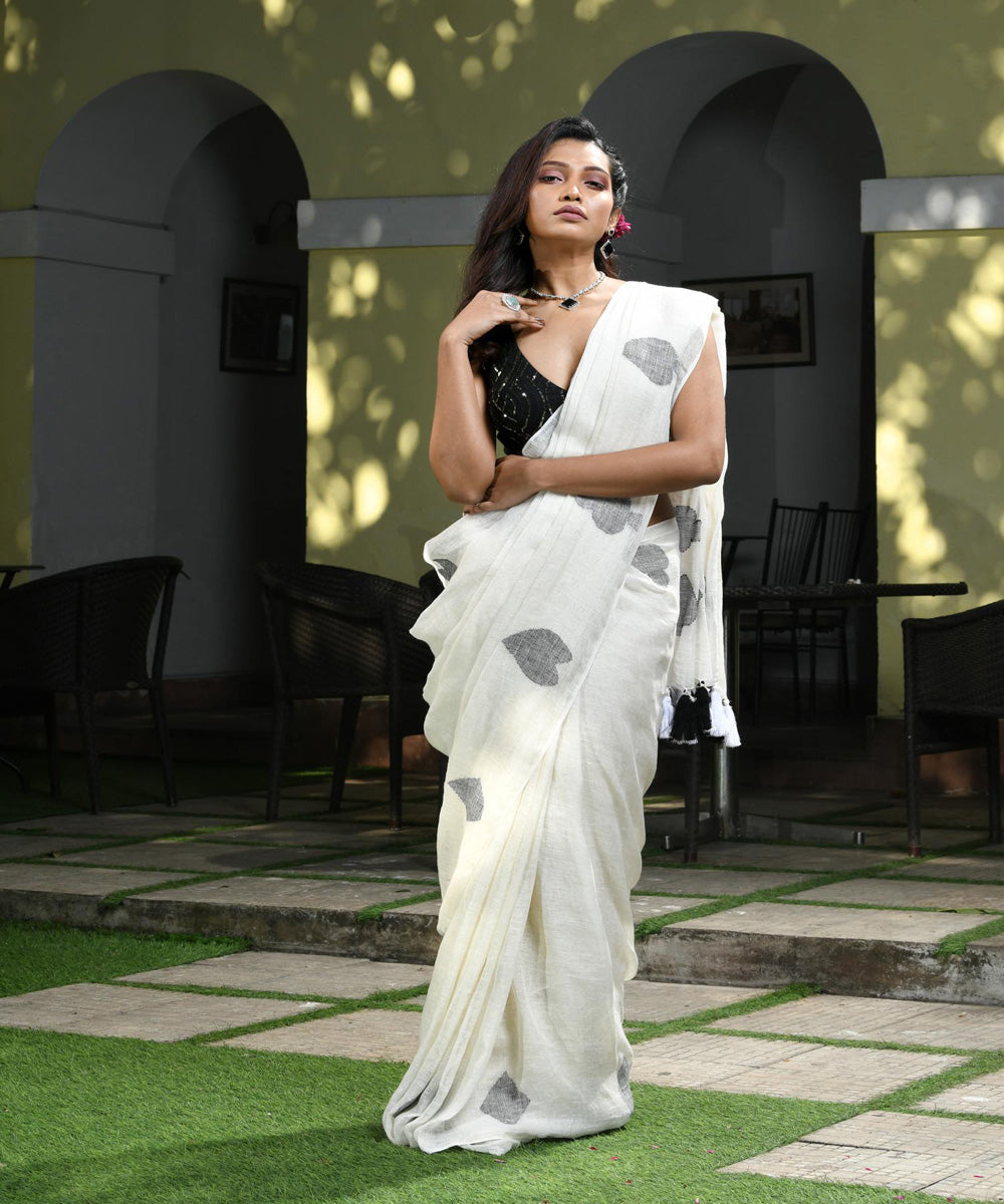 White black handloom bengal linen saree