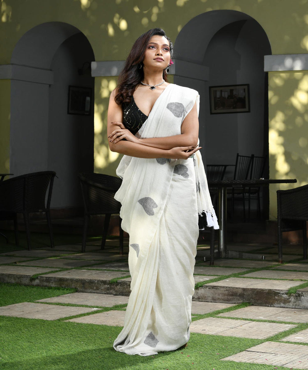 White black handloom bengal linen saree