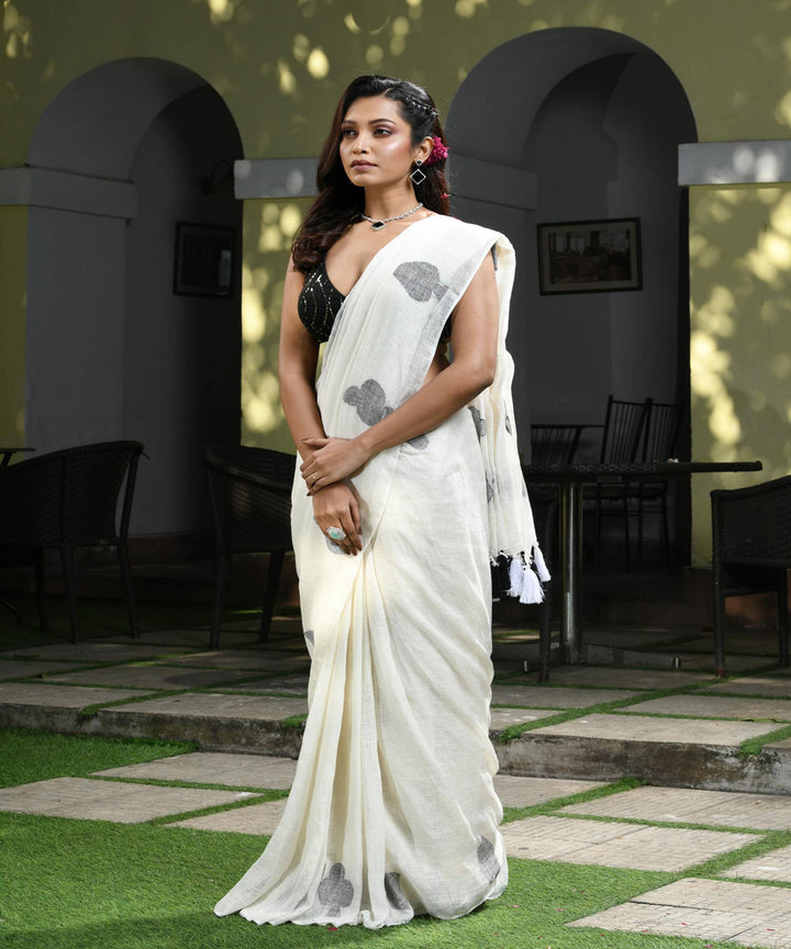 White black handloom bengal linen saree