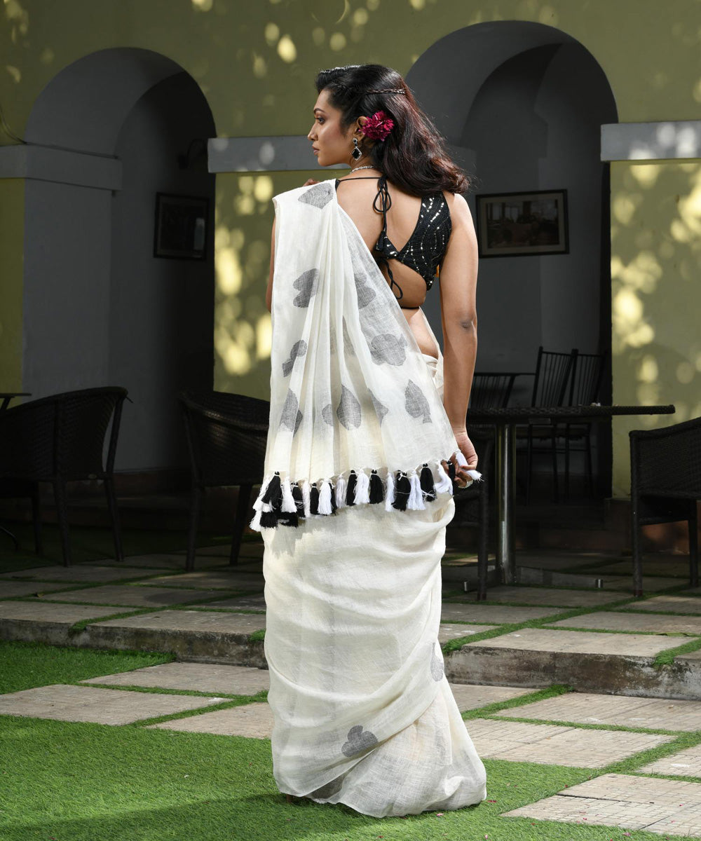 White black handloom bengal linen saree