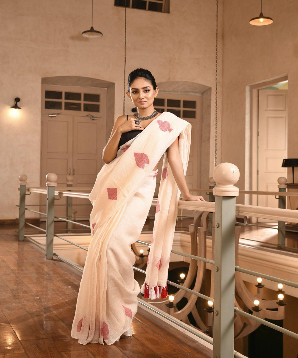 White handloom linen bengal saree