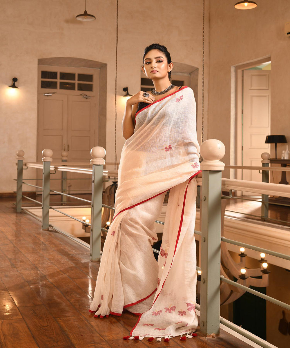 White red handloom bengal linen saree