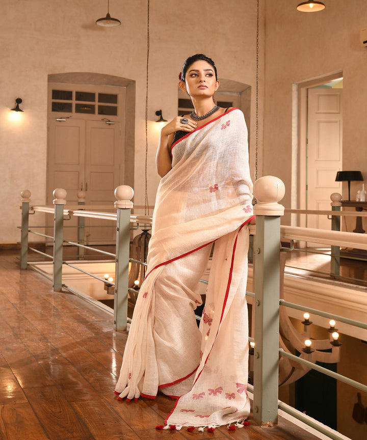 White red handloom bengal linen saree