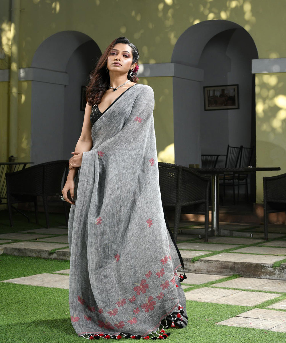 Grey handloom linen bengal saree