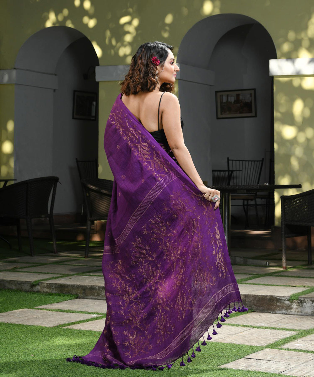 Violet handloom jamdani linen saree
