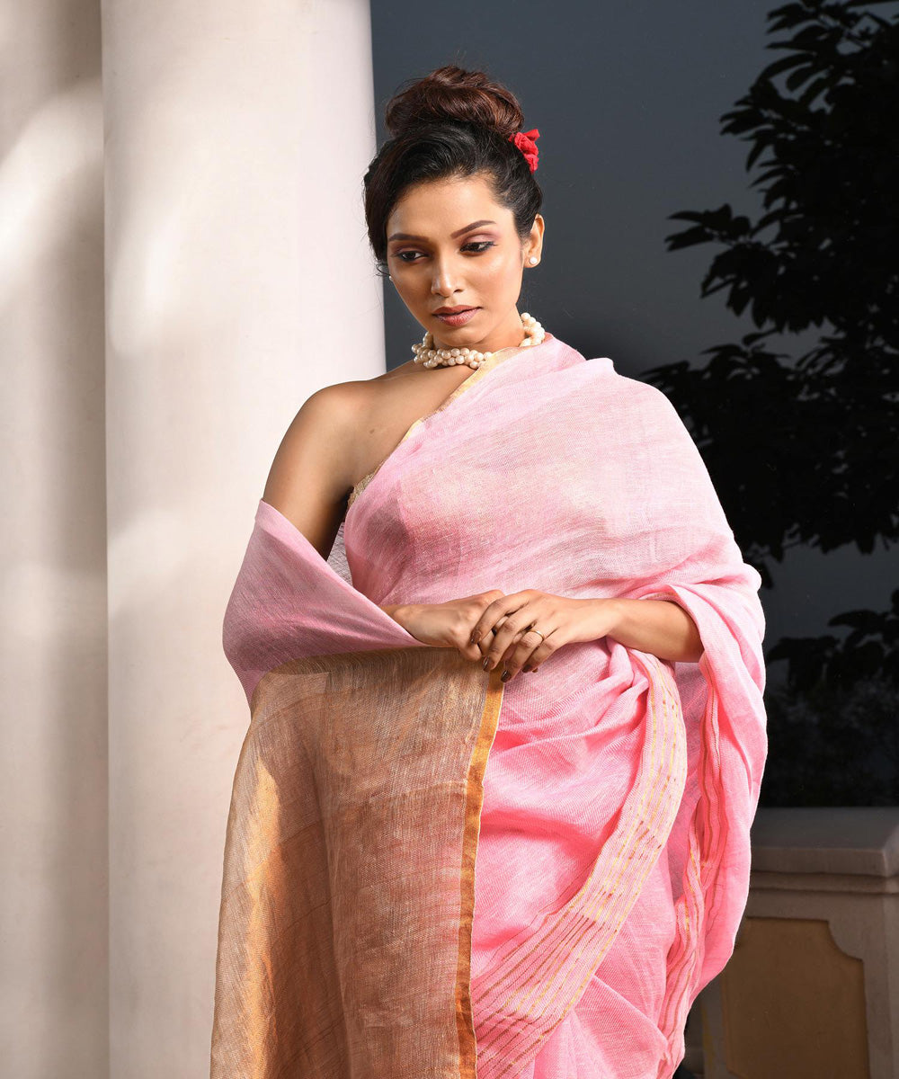 Blush pink handloom bengal linen saree