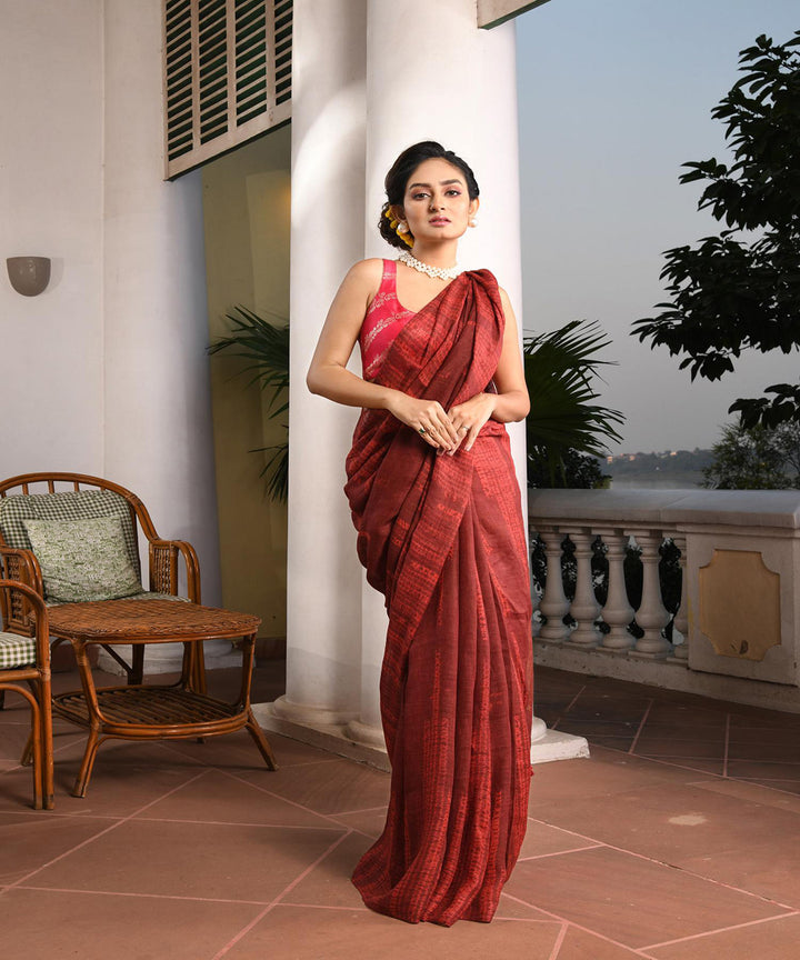 Maroon handloom linen bengal saree