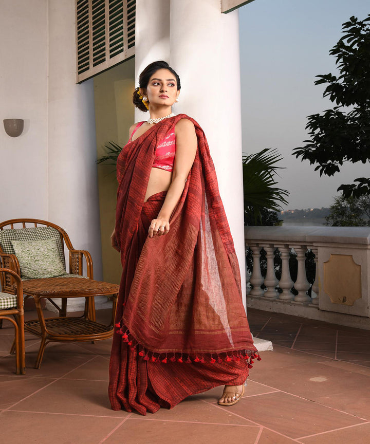 Maroon handloom linen bengal saree