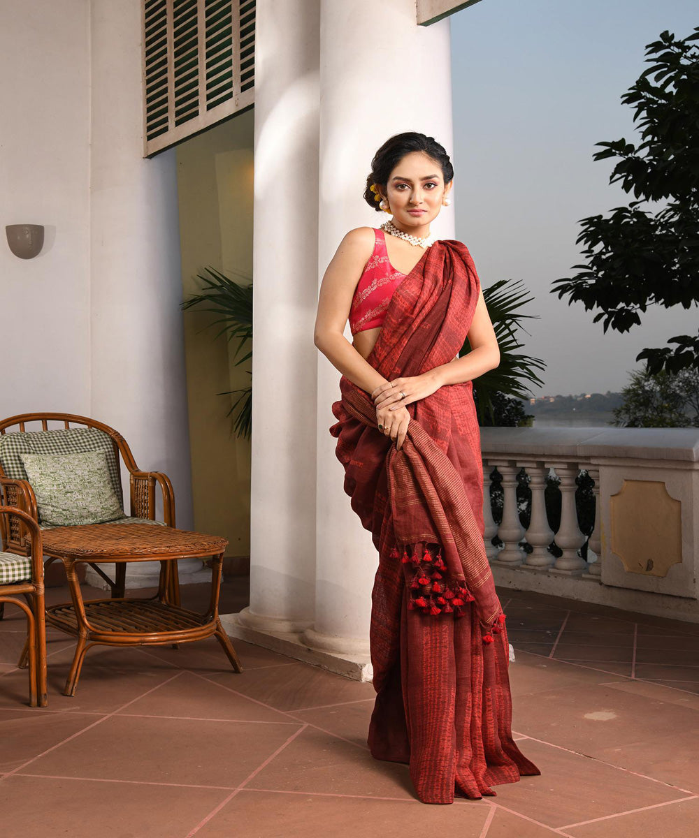 Maroon handloom linen bengal saree