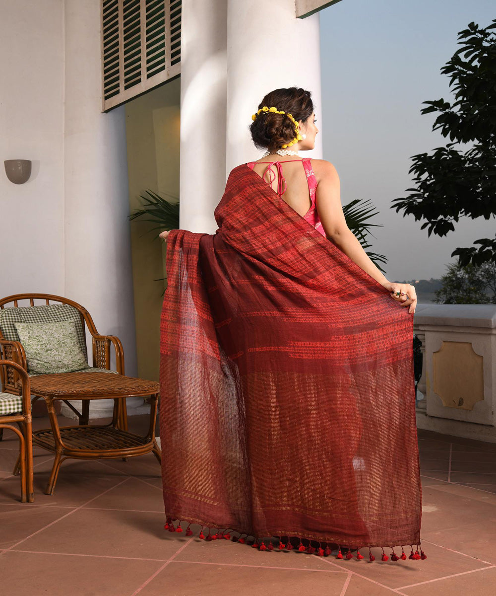 Maroon handloom linen bengal saree