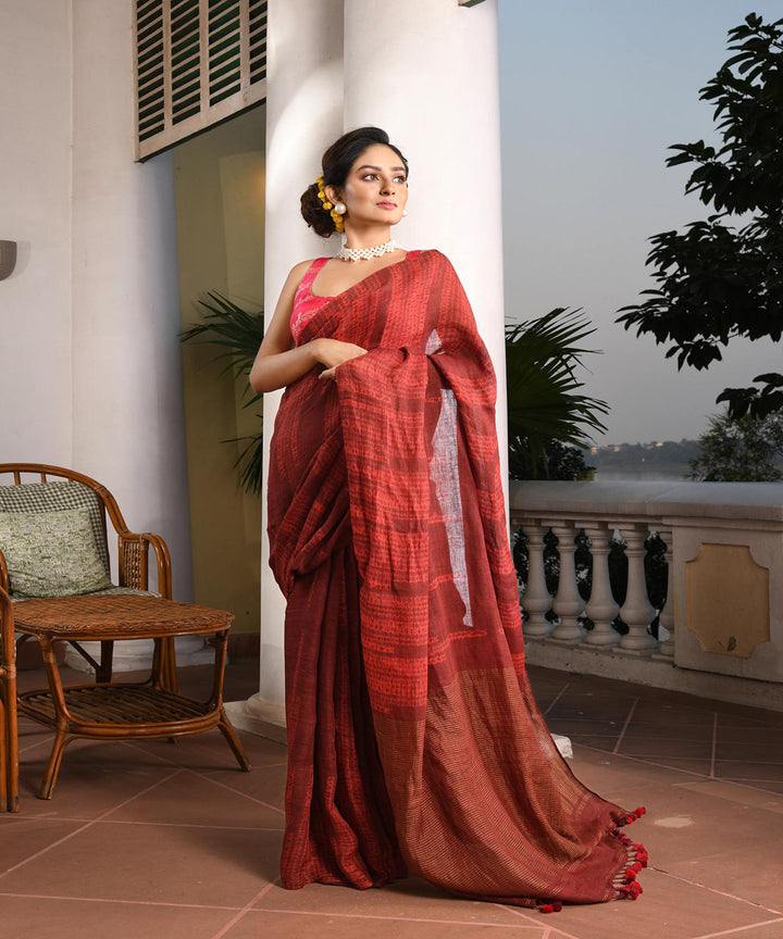 Maroon handloom linen bengal saree