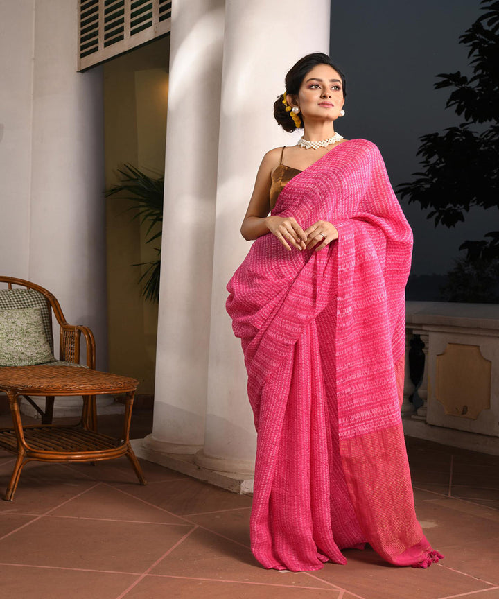 Pink handloom linen bengal saree