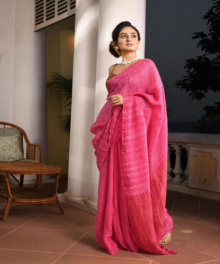 Pink handloom linen bengal saree