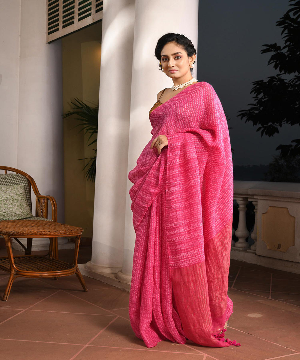 Pink handloom linen bengal saree