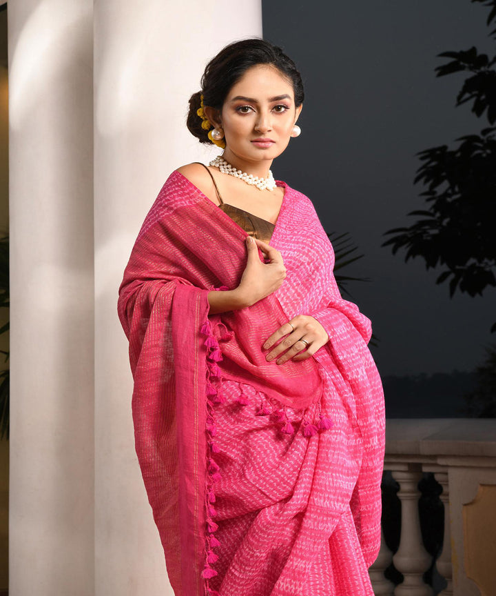 Pink handloom linen bengal saree