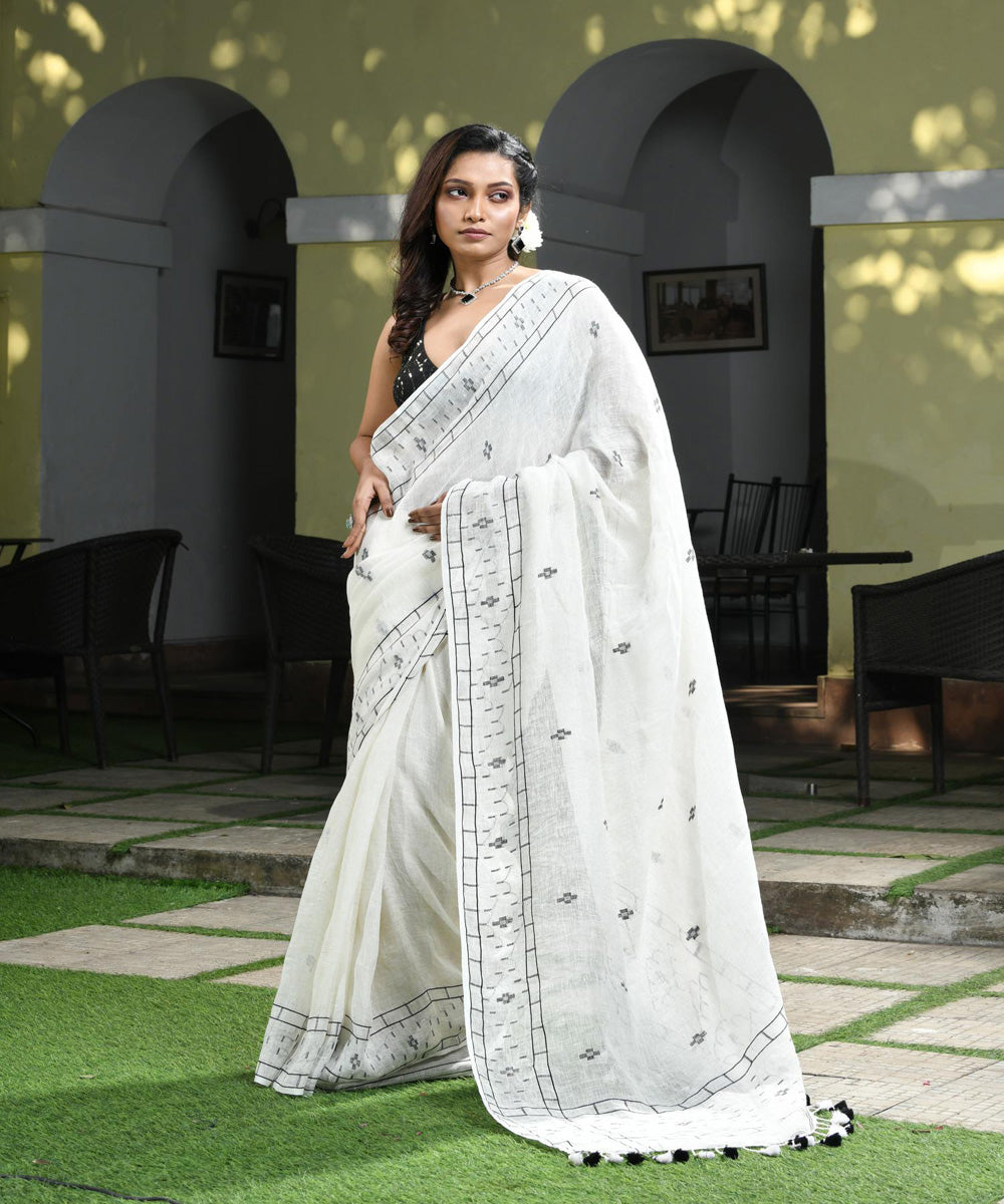 White handloom bengal linen saree