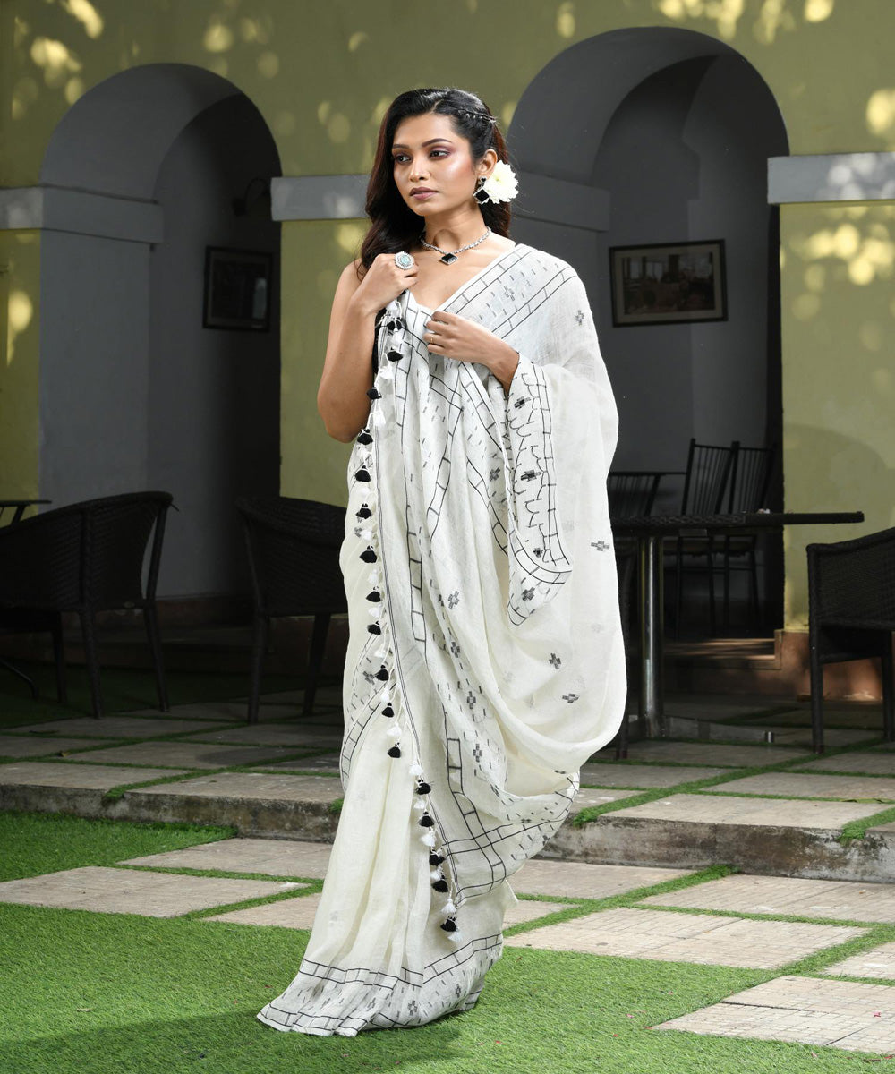 White handloom bengal linen saree