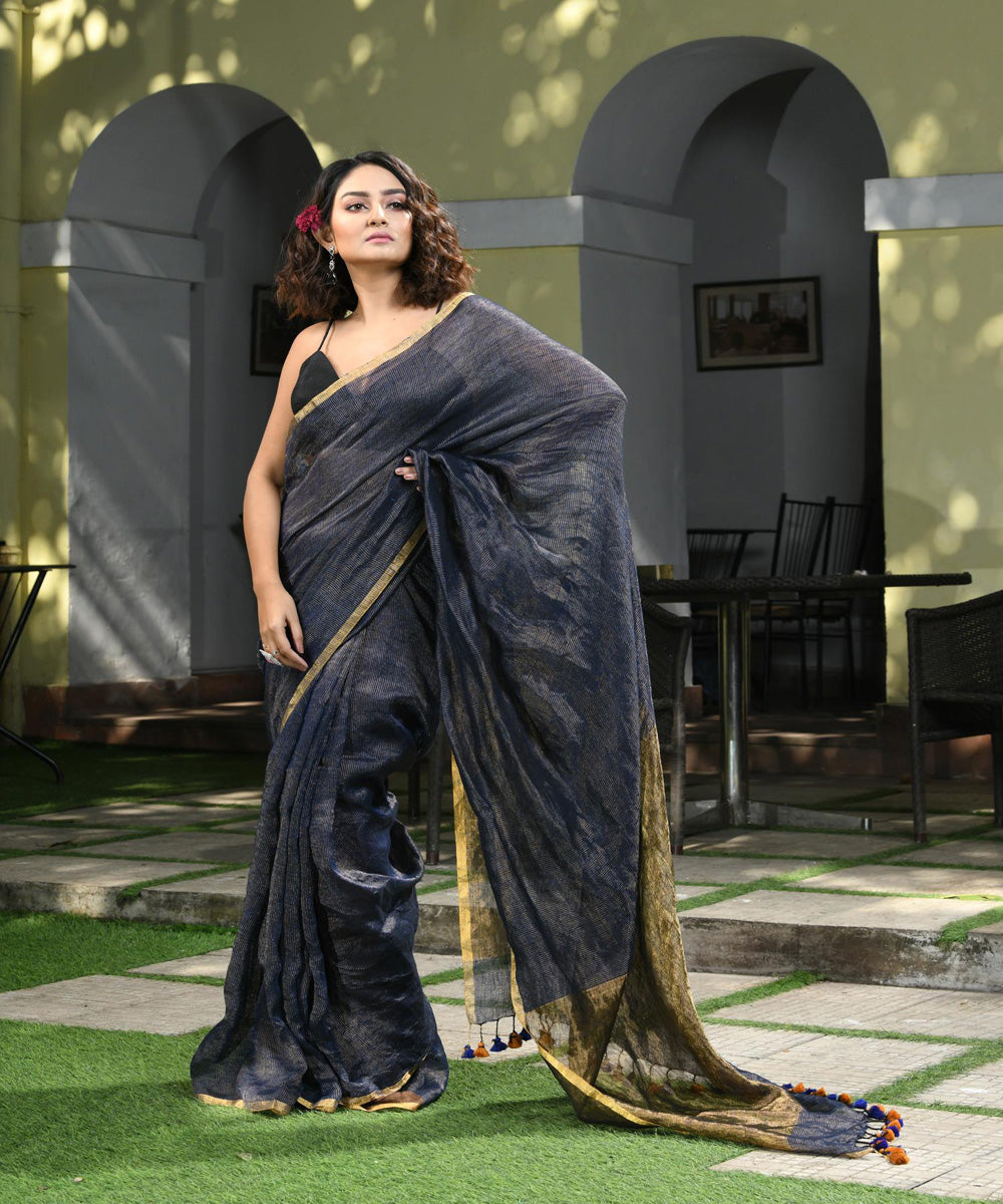 Deep blue handloom bengal linen saree