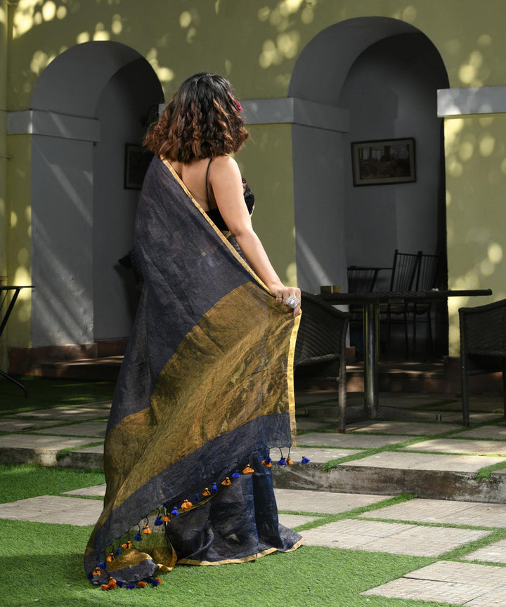Deep blue handloom bengal linen saree