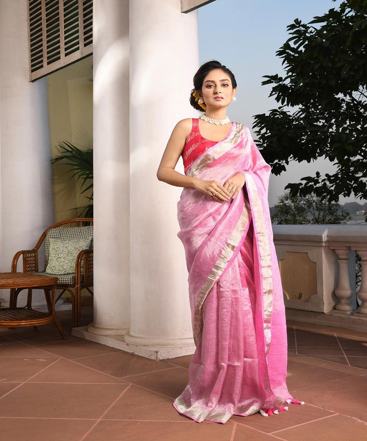 Pink silver border handloom bengal linen saree