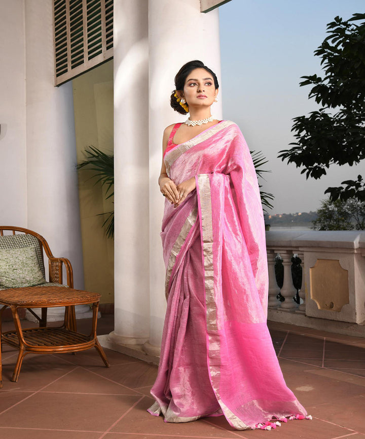 Pink silver border handloom bengal linen saree