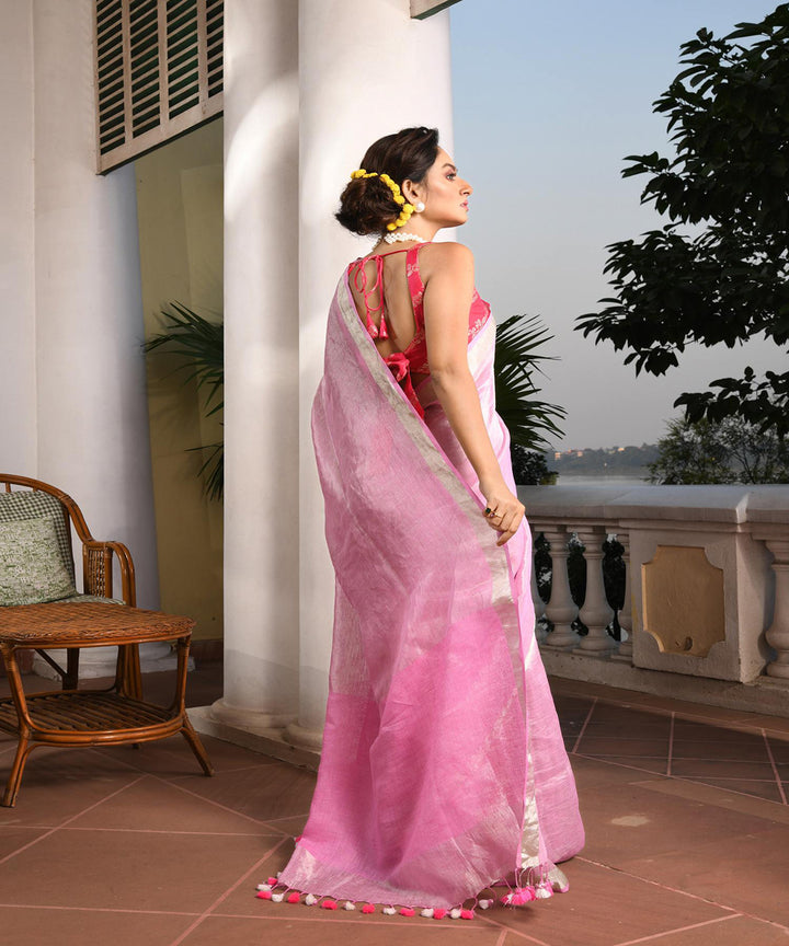 Pink silver border handloom bengal linen saree