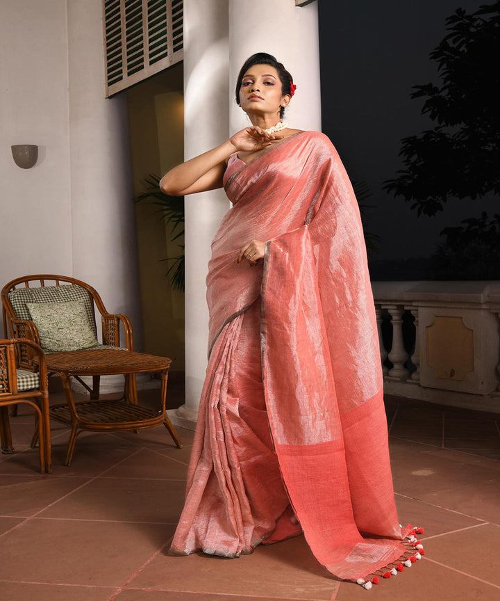 Peach orange handloom bengal linen saree