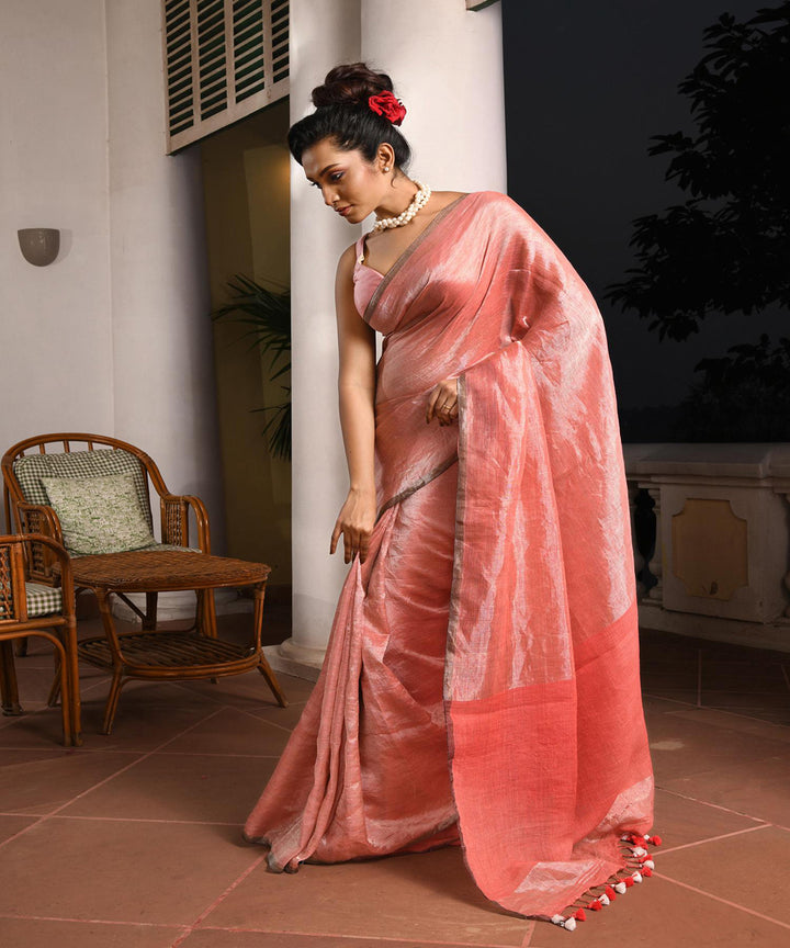 Peach orange handloom bengal linen saree