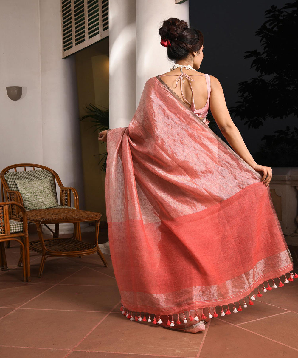 Peach orange handloom bengal linen saree