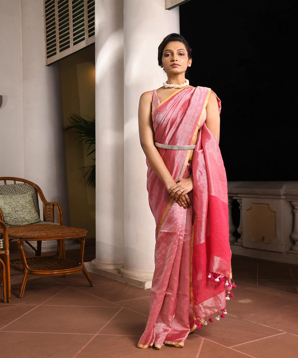 Rani pink handloom bengal linen saree