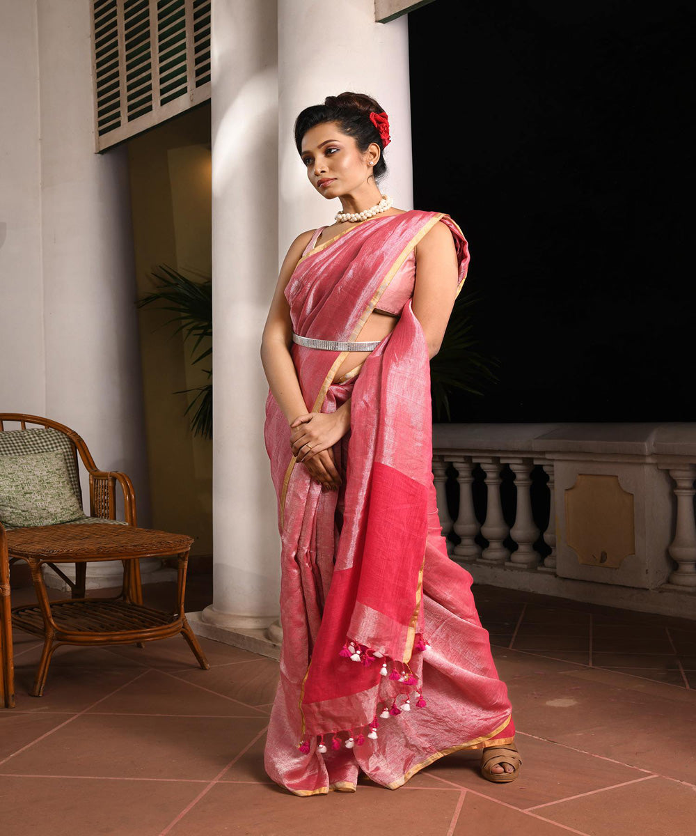 Rani pink handloom bengal linen saree