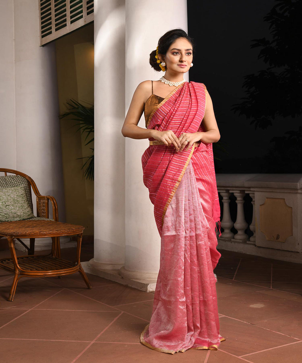 Fuchsia pink handloom bengal linen saree