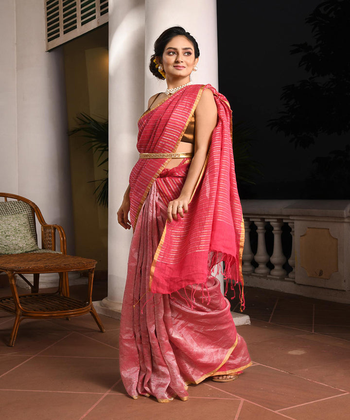 Fuchsia pink handloom bengal linen saree