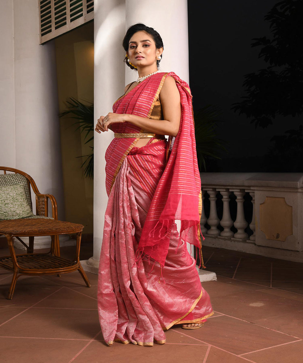 Fuchsia pink handloom bengal linen saree