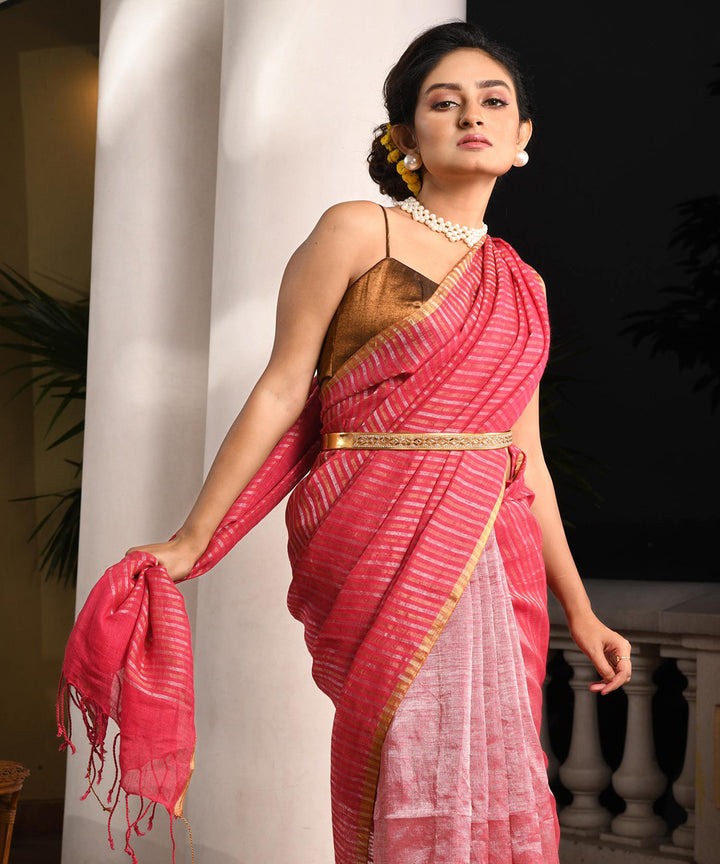 Fuchsia pink handloom bengal linen saree