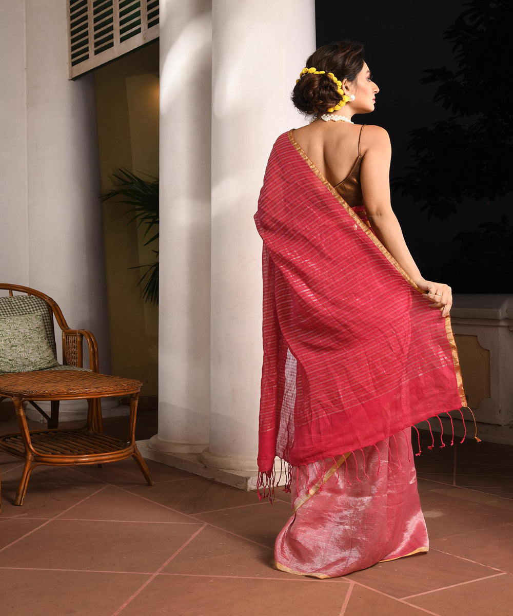 Fuchsia pink handloom bengal linen saree