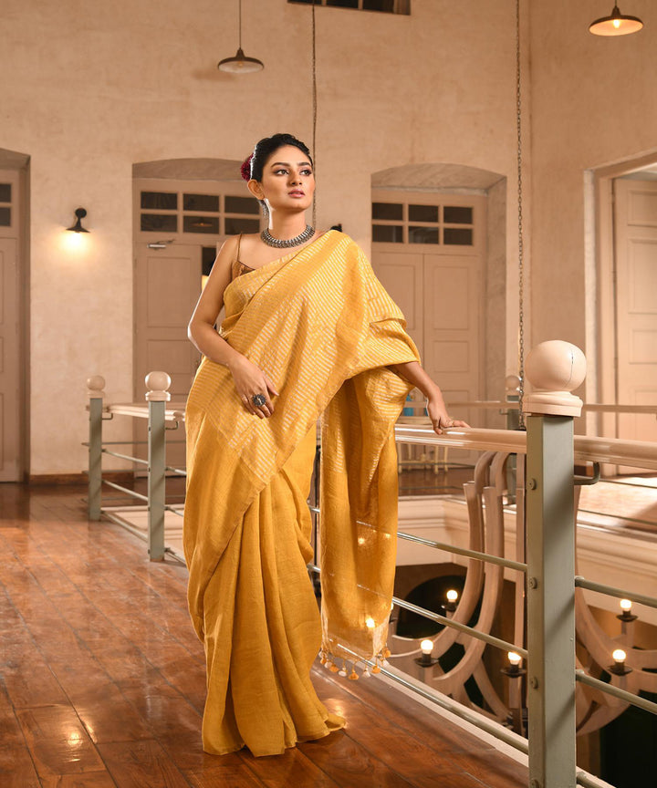 Mustard handloom bengal linen saree