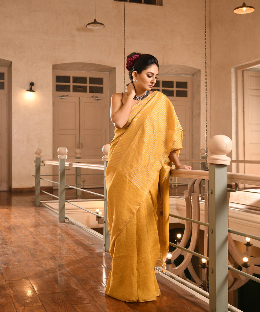 Mustard handloom bengal linen saree