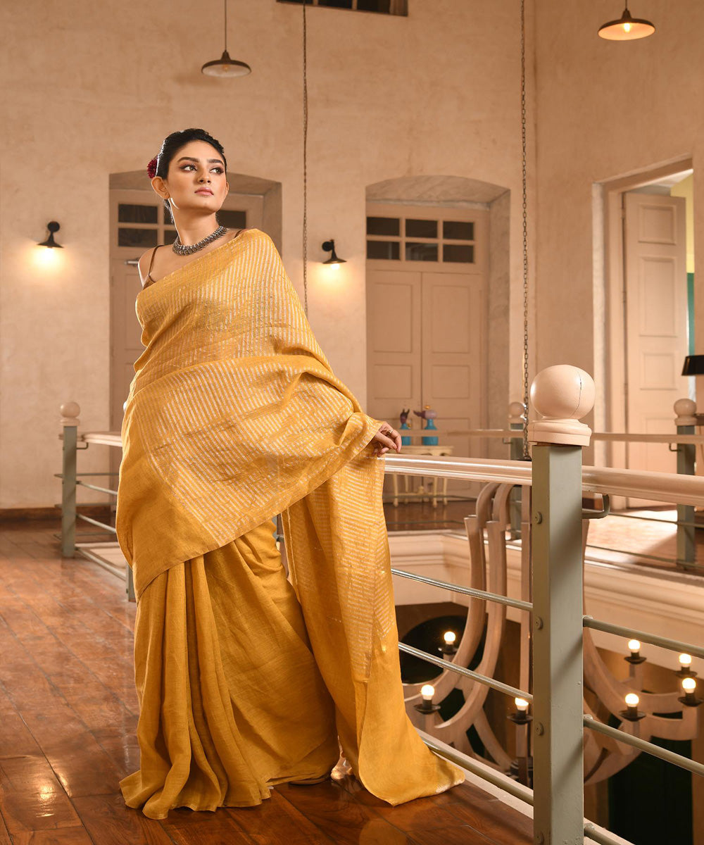 Mustard handloom bengal linen saree