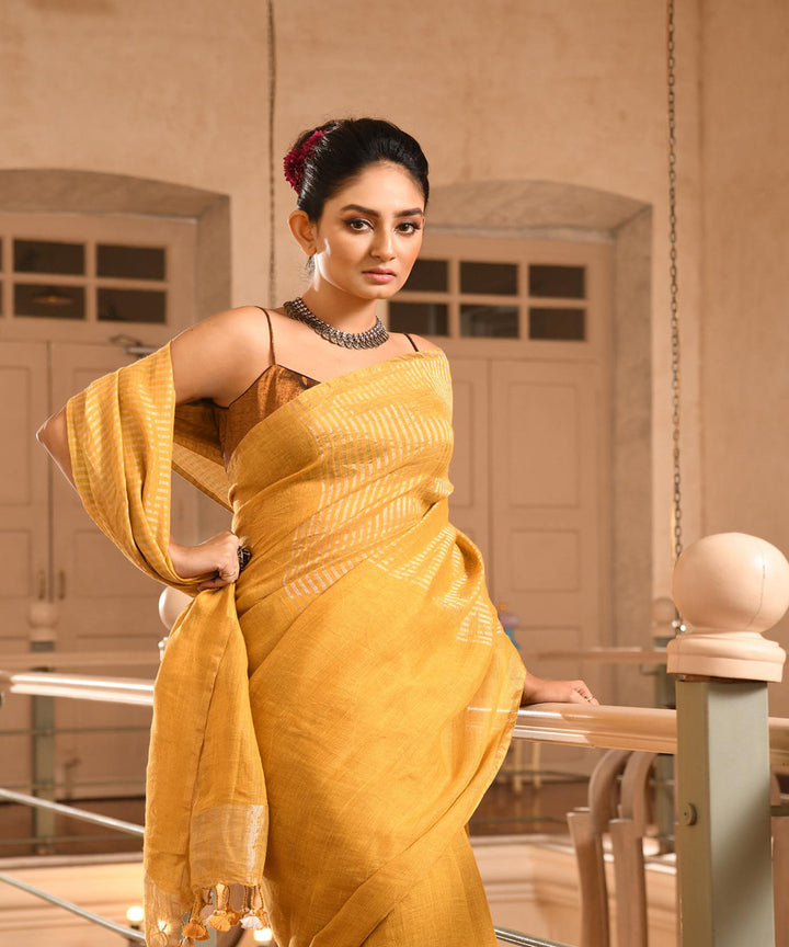 Mustard handloom bengal linen saree