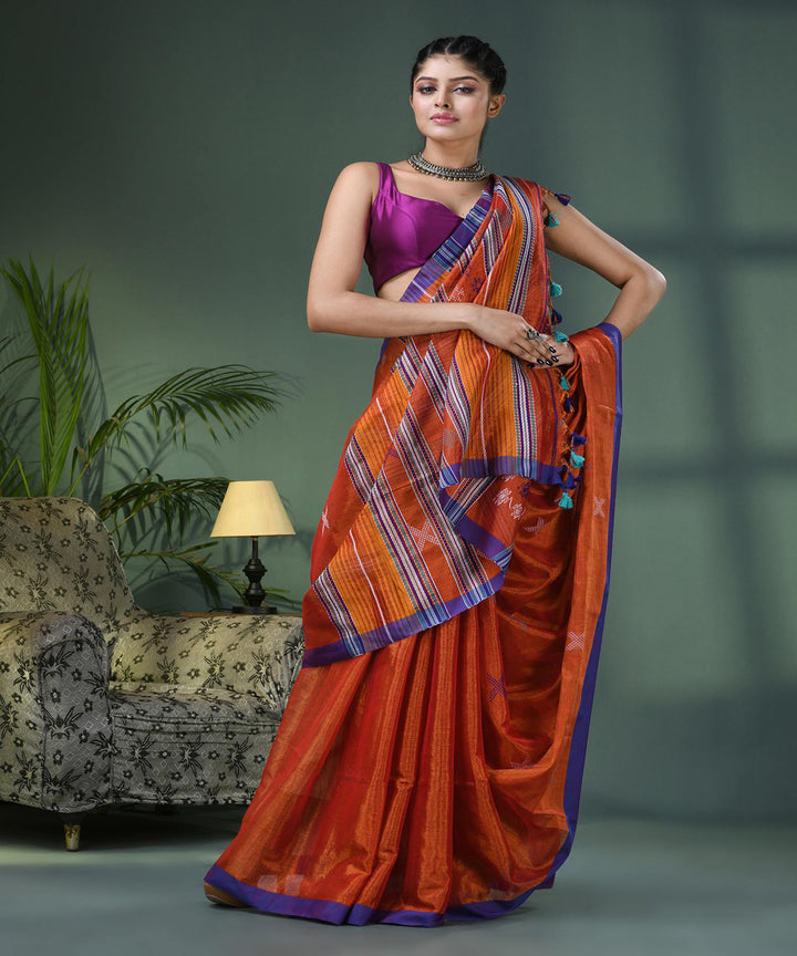 Rust handloom cotton bengal saree
