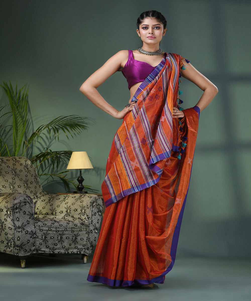 Rust handloom cotton bengal saree
