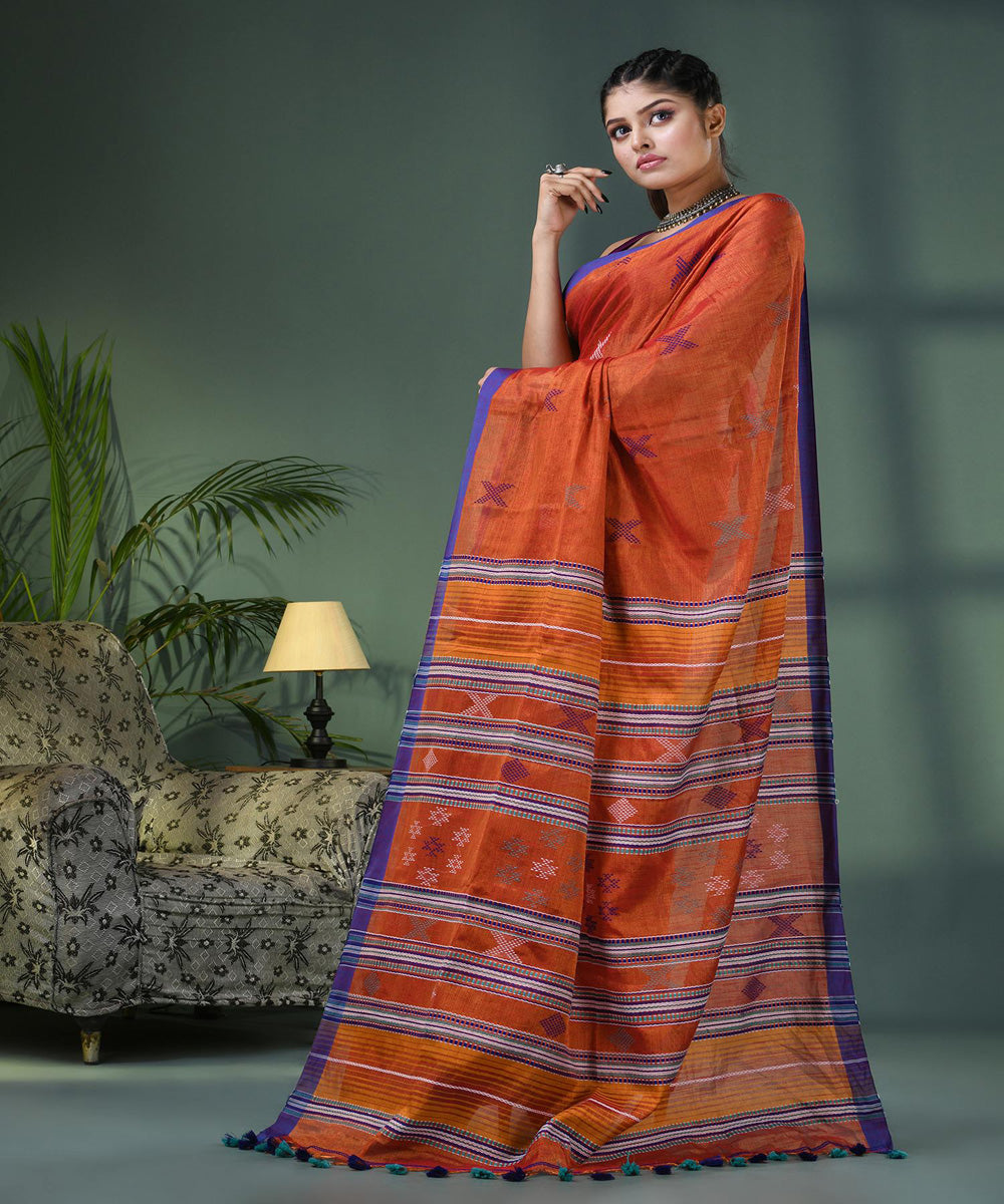 Rust handloom cotton bengal saree