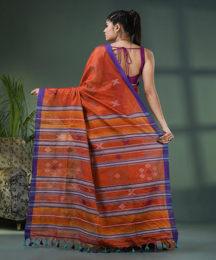 Rust handloom cotton bengal saree